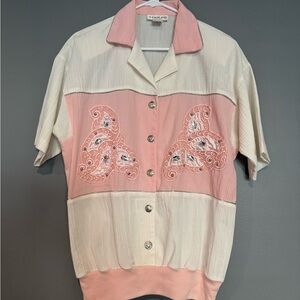 Adolfo Pink and Cream Button Down Shirt‎ with Notched Collar